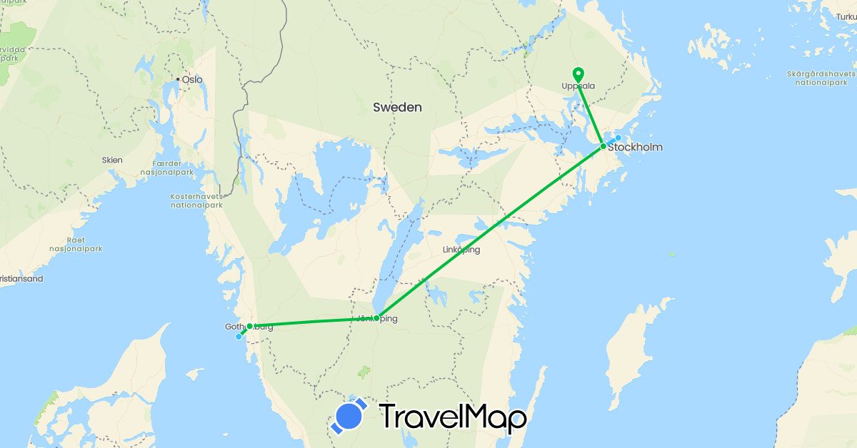 TravelMap itinerary: driving, bus, boat in Sweden (Europe)